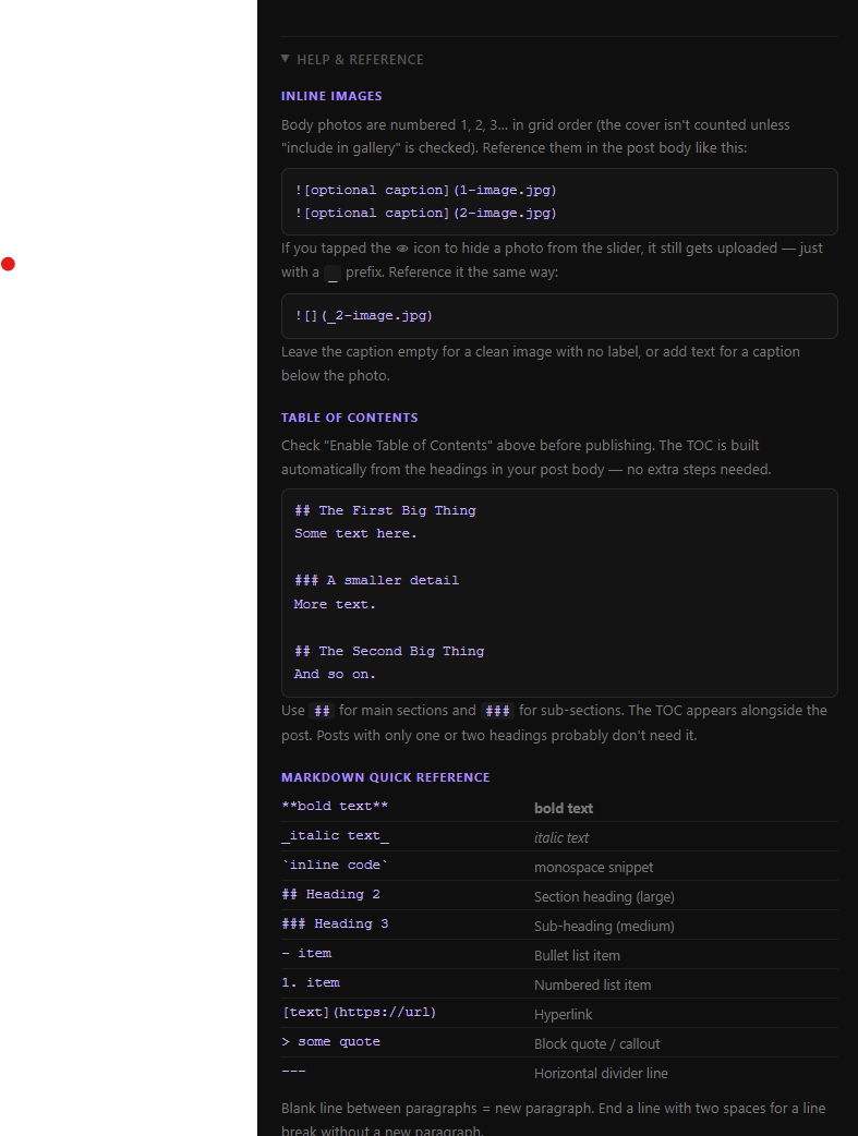 includes a cheat sheet in case you forget markdown